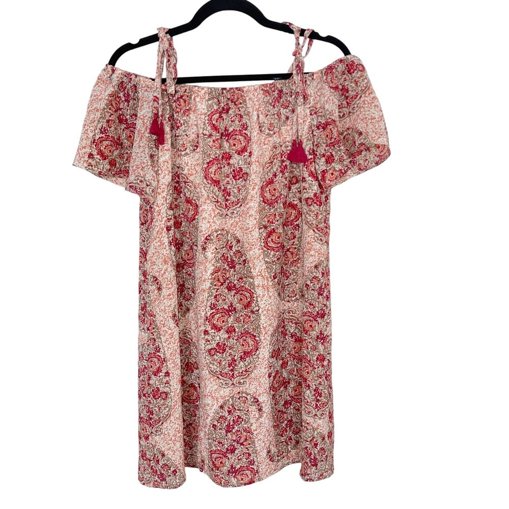 Madewell Small S Red Pink Print Silk Cold Shoulder Dress in Watercolor Paisley